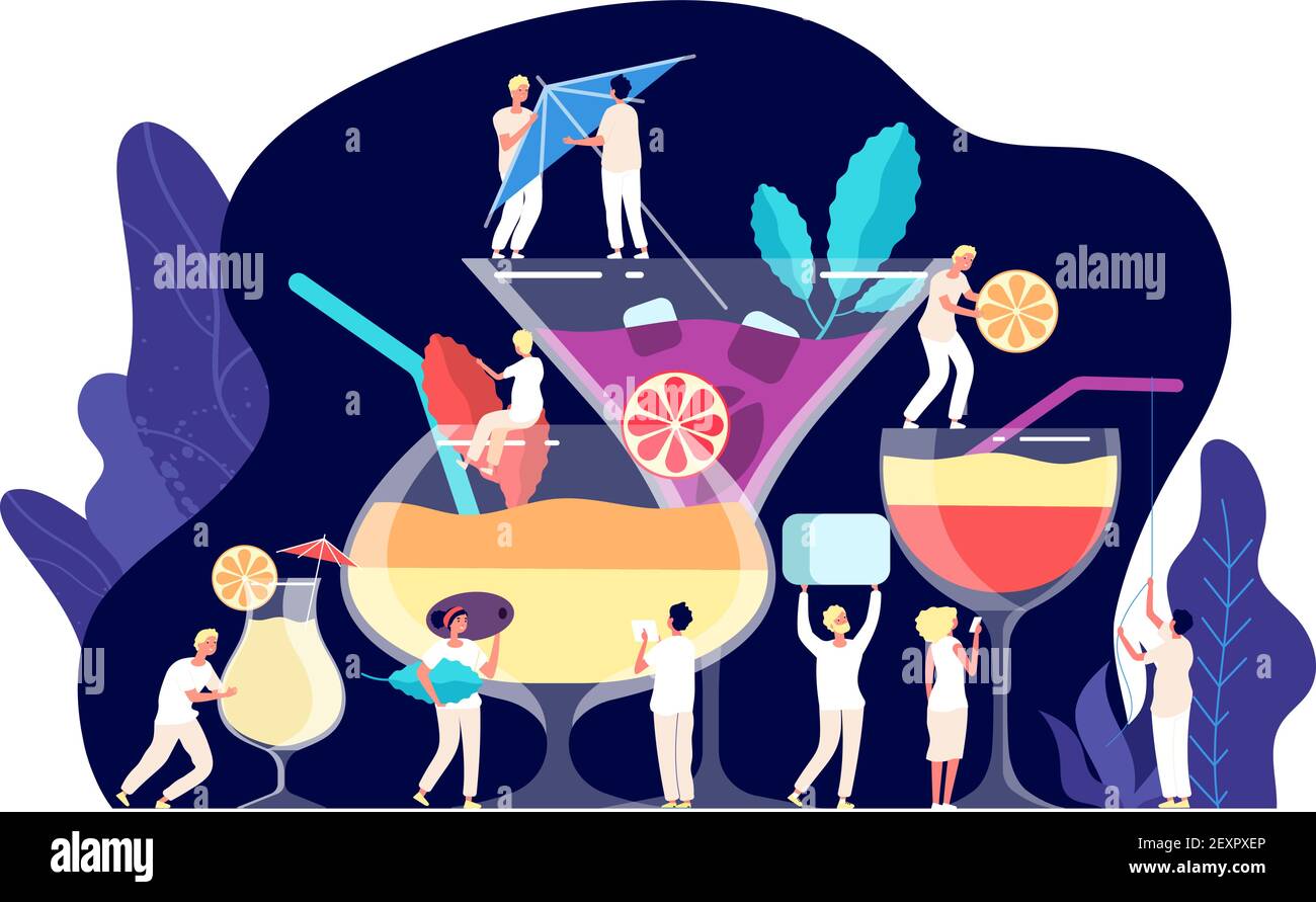 Cocktailkonzept. Winzige Leute, Barkeeper machen Cocktails, tropische Getränke. Trendige Restaurant Getränke, Trinkzeit Vektor Clipart Stock Vektor