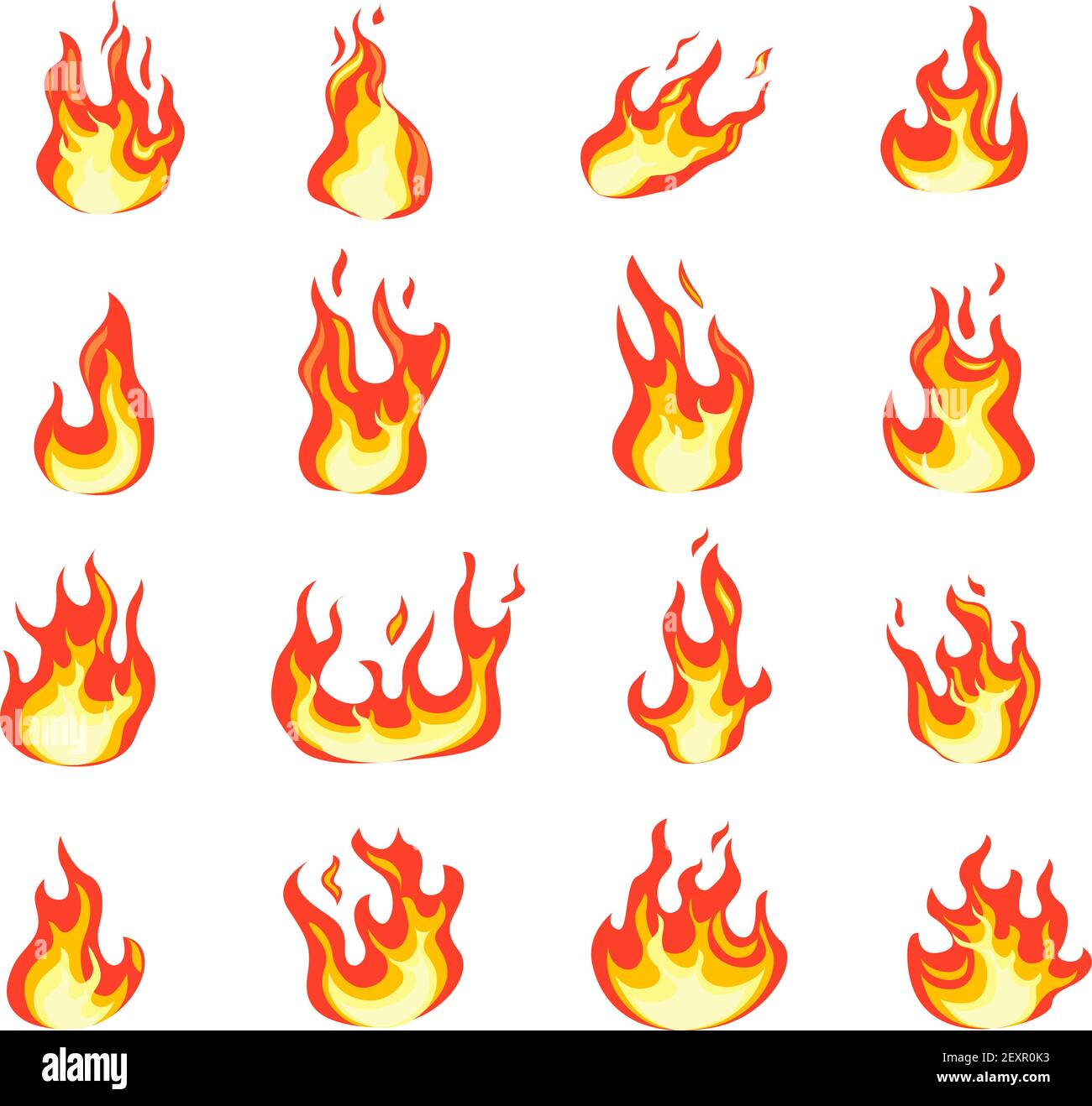 Cartoon Feuerflamme. Feuer komische Bilder, Lagerfeuer flammende Zündung, böse Hölle Flamme. Symbole für heiße Temperatur und Fieber sind flach eingestellt Stock Vektor