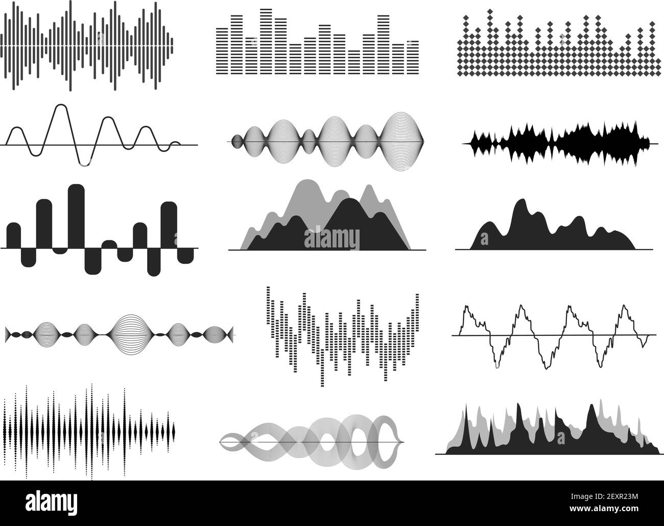 Schallwellen. Musikwelle, Audiofrequenzkurve. Symbole für Radiostimme und Soundtrack. Soundwave abstrakte Signale isoliert Vektor-Set Stock Vektor