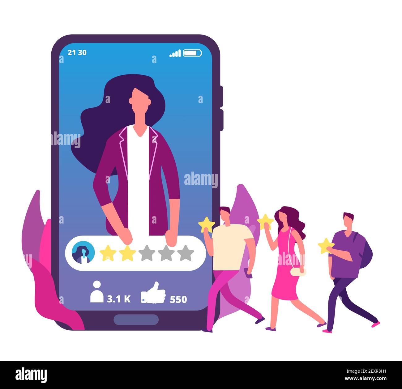 Konzept der Online-Abstimmung. Menschen erhöhen die Mädchen Bewertung Vektor Illustration. Online-Abstimmung zur Bewertung von Erfolg, soziales Feedback Stock Vektor