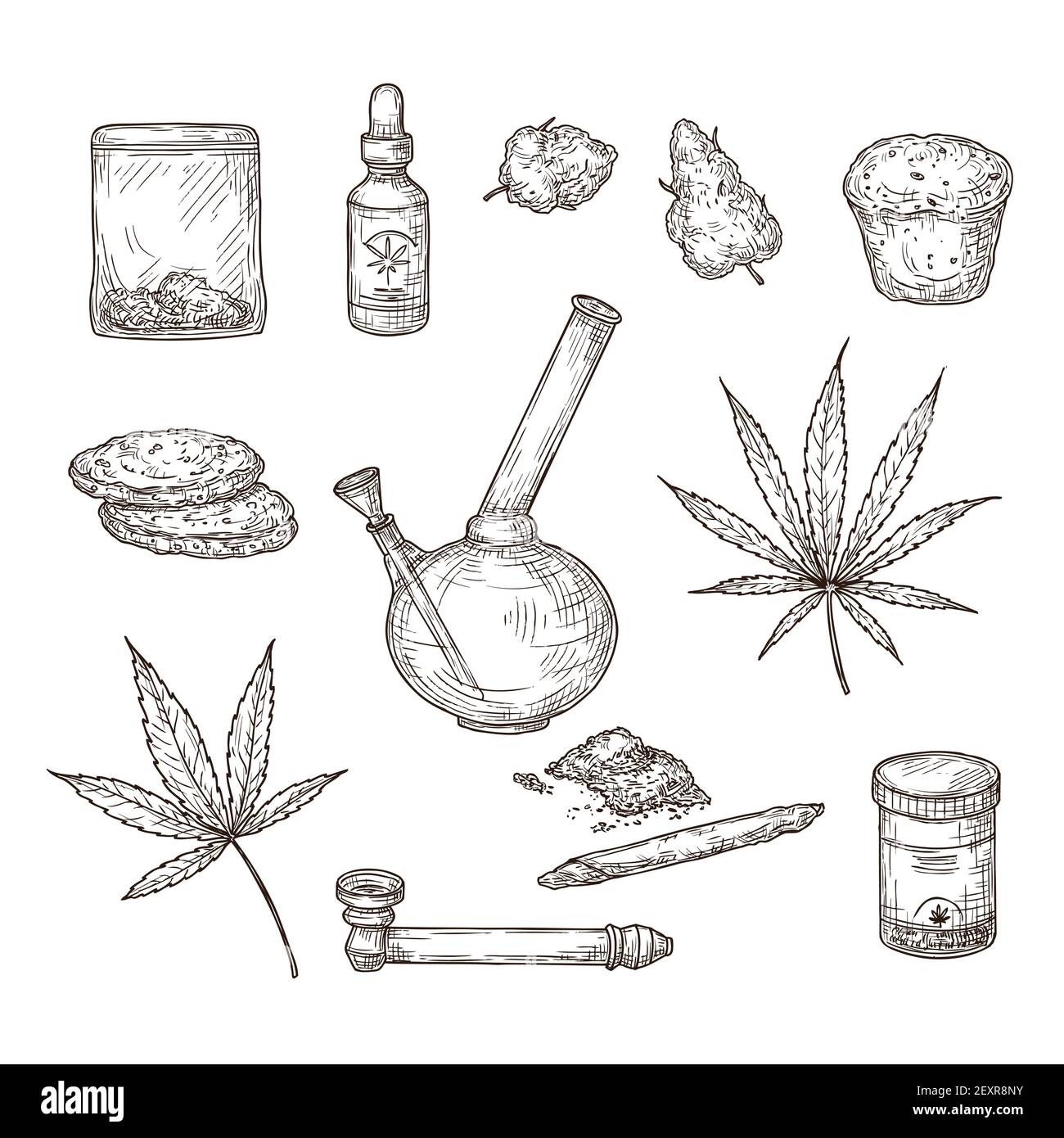 Skizzieren Sie Cannabis. Medizinische Marihuanablätter, Unkrautgelenk und Bong, cbd-Öl. Handgezeichneter Ganja-Vektor-Satz. Illustration Skizze Cannabis Unkraut, natürliche Bio-Hanf Stock Vektor