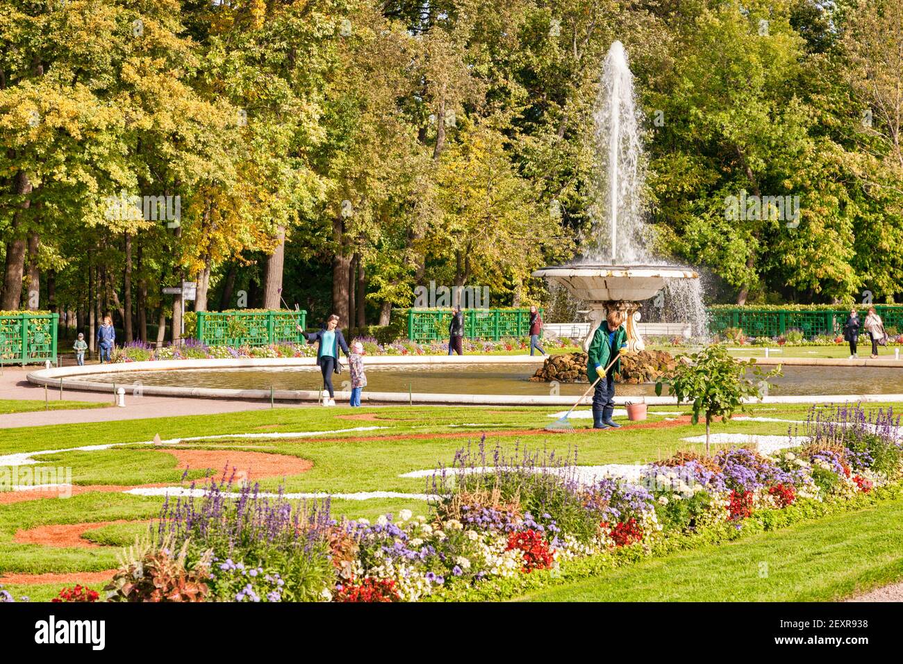 18. September 2018: St. Petersburg, Russland - Gärtner, der im Peterhof Palace Fountain Gardens auf Kies rucklt und Touristen sieht. Bäume, die sich nur zu drehen Stockfoto