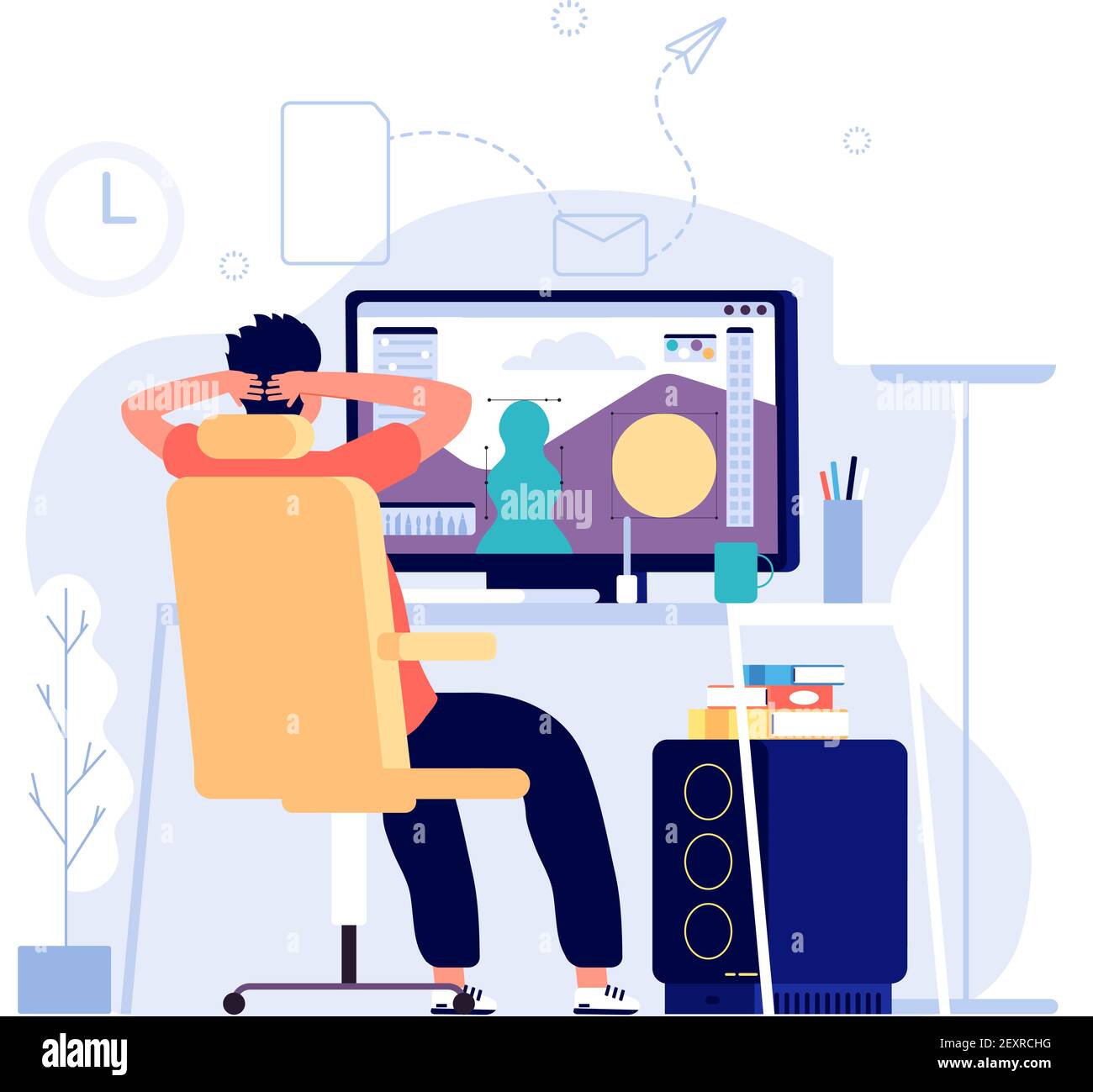 Grafikdesigner Konzept. Man am Computer arbeitet im Home Office mit Grafik-Editor-App auf dem Monitor und macht Design. Vektorhintergrund. Illustration Designer Job, freiberufliche Arbeitsplatz Stock Vektor