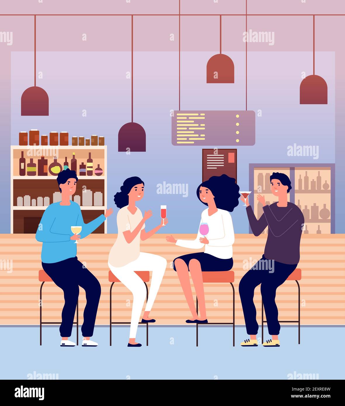 Freunde im Pub. Männer und Frauen trinken Alkohol Schüsse und Toast. Menschen reden und entspannen in Bar Vektor Cartoon-Konzept. Illustration Pub trinken Mann und Frau Stock Vektor