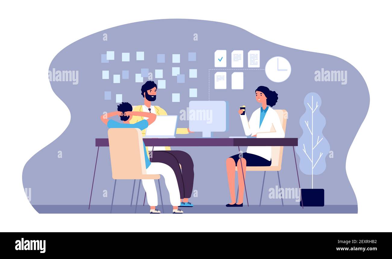 Büroleute. Junge Menschen arbeiten mit einem Laptop. Vector businessteam, Brainstorming Illustration. Flache Geschäftsfiguren. Illustration Büro Brainstorming männlich und weiblich Stock Vektor