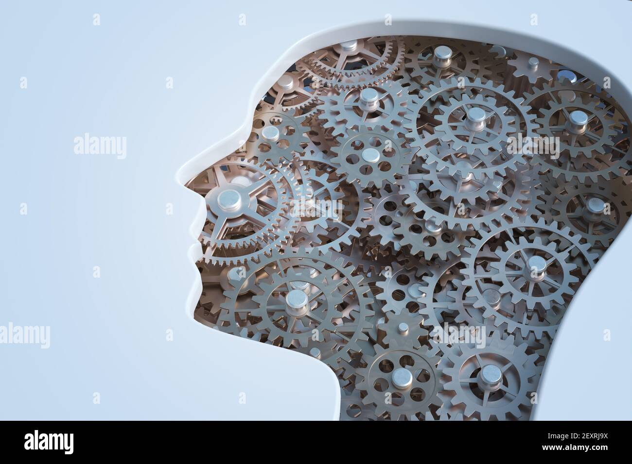 Zahnräder und Zahnräder im Kopf des Menschen. Intelligenz und Psychologie Konzept. 3D gerenderte Abbildung. Stockfoto