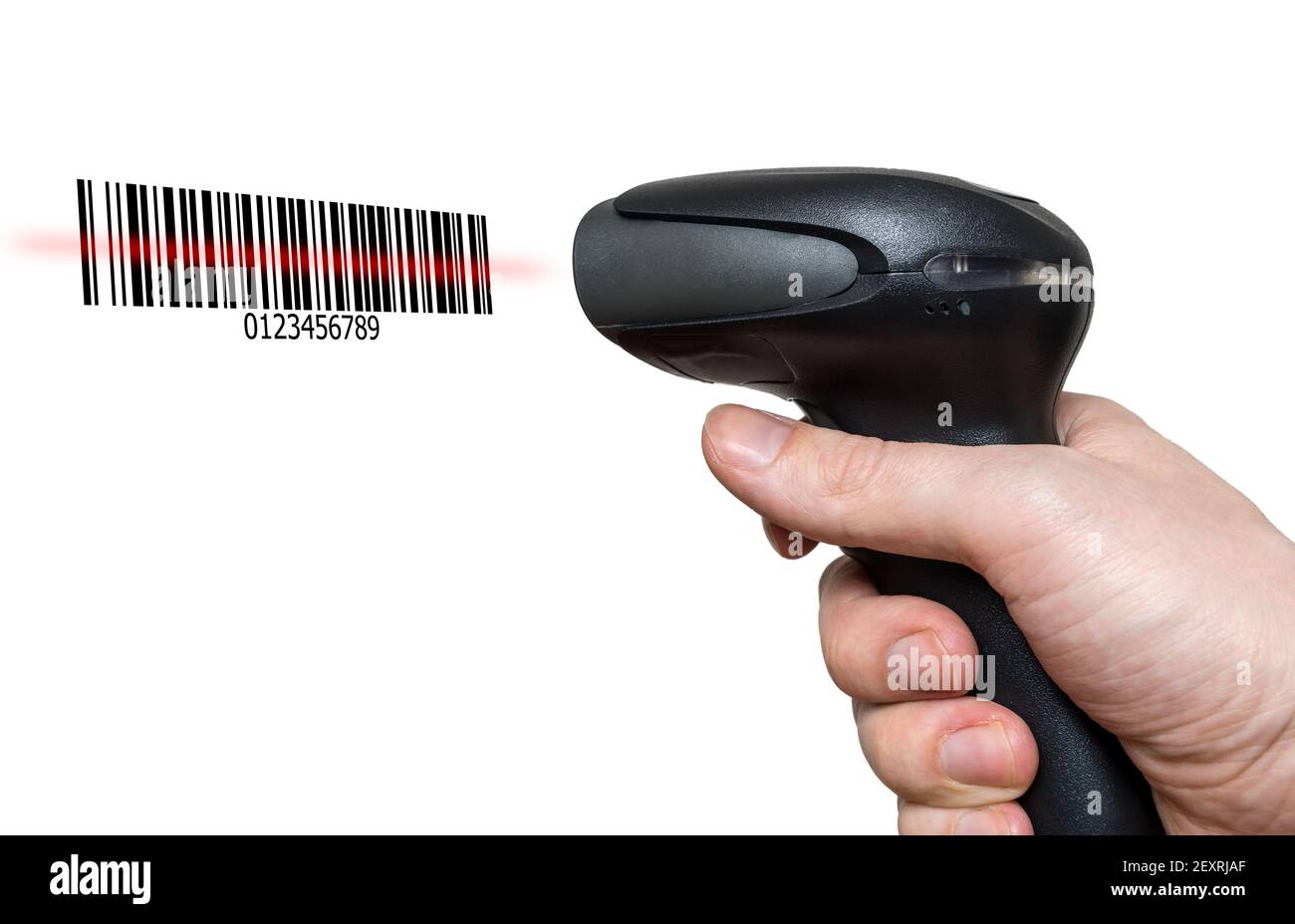 Barcode wird gescannt, wenn das Barcode-Lesegerät auf weißem Hintergrund isoliert ist. Stockfoto