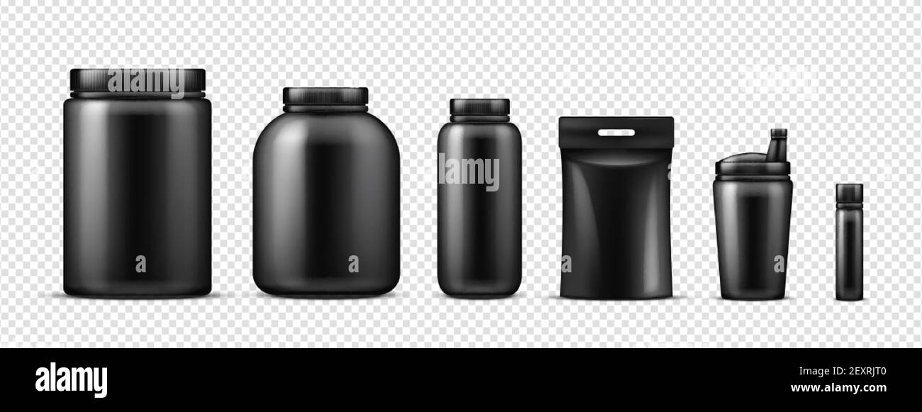 Mockup aus schwarzen Proteinflaschen. Vector realistische Sport Ernährung Behälter isoliert auf transparentem Hintergrund. Abbildung Protein-Plastikflasche, Mockup-Behälter mit Fitness-Ergänzung Stock Vektor
