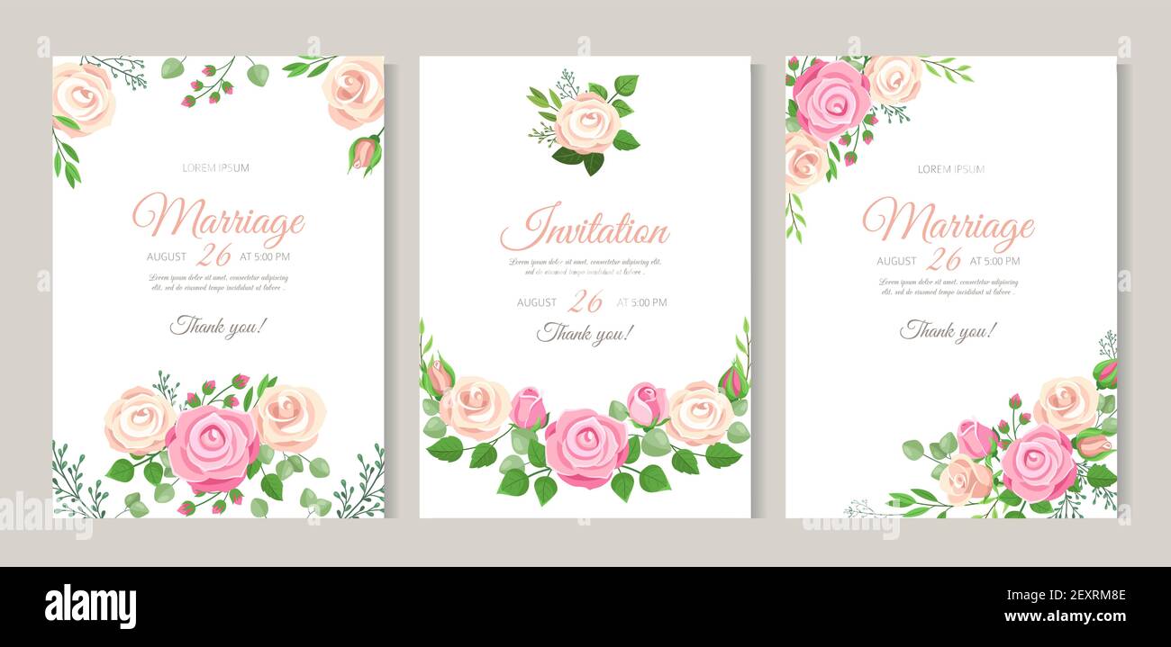 Hochzeitskarte mit Rosen. Rote, weiße und rosa Rosen mit Blättern. Hochzeit floral romantisches Dekor für Einladungskarten. Vektor-Vorlagen Illustration Einladung zur Hochzeit, Gruß romantischen Poster Stock Vektor