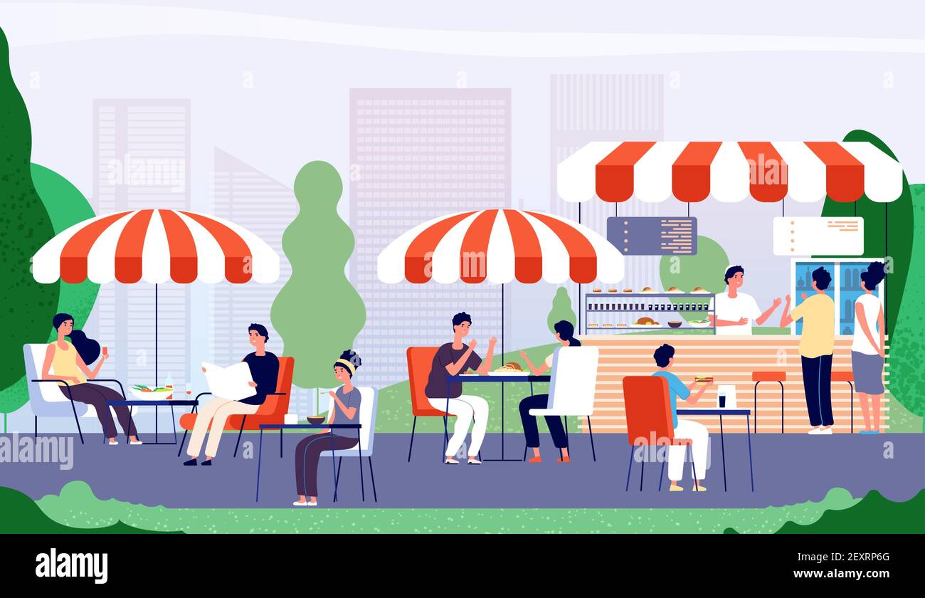 Sommer-Café im Freien. Leute sitzen am Tisch im Straßencafé, trinken und essen Fast-Food-Mittagessen. Sommer Restaurant Vektor-Konzept. Illustration Café Sommer im Freien, Stadtrestaurant Stock Vektor