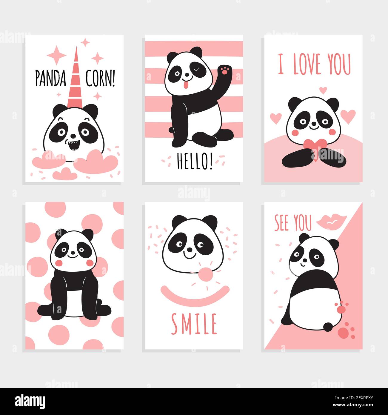 Panda-Karten. Niedliche chinesische Bären, fröhlicher Panda mit magischen Accessoires, Geburtstagsfeiern Einladungen. Farbenfroher Druck Cartoon Vektor-Set. Panda Charakter auf Karte, tragen Säugetier lustige Illustration Stock Vektor