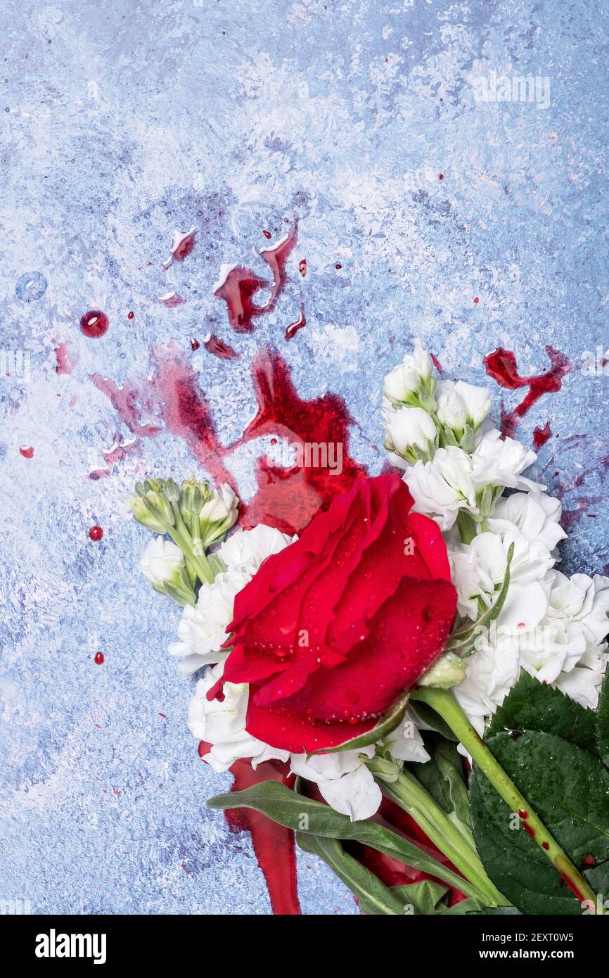 Rote Rosen und Blut auf einem blauen texturierten Hintergrund mit Platz für Text und Text Stockfoto