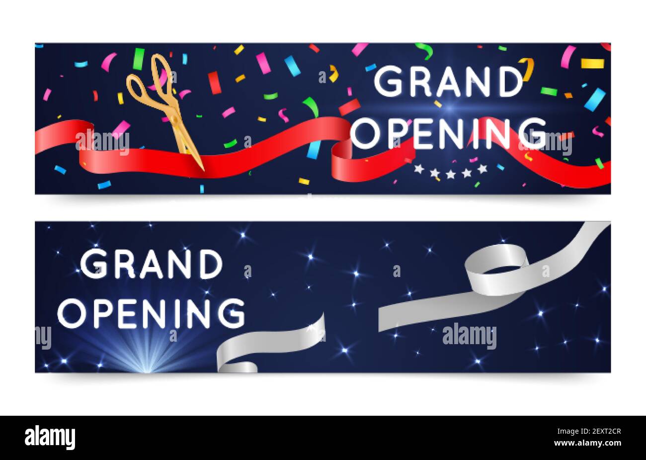 Große offene Banner. Eröffnungszeremonie Bänder. Vektor Schneiden Seidenband und Konfetti Hintergrund. Illustration große Feier und Startup-Event Stock Vektor