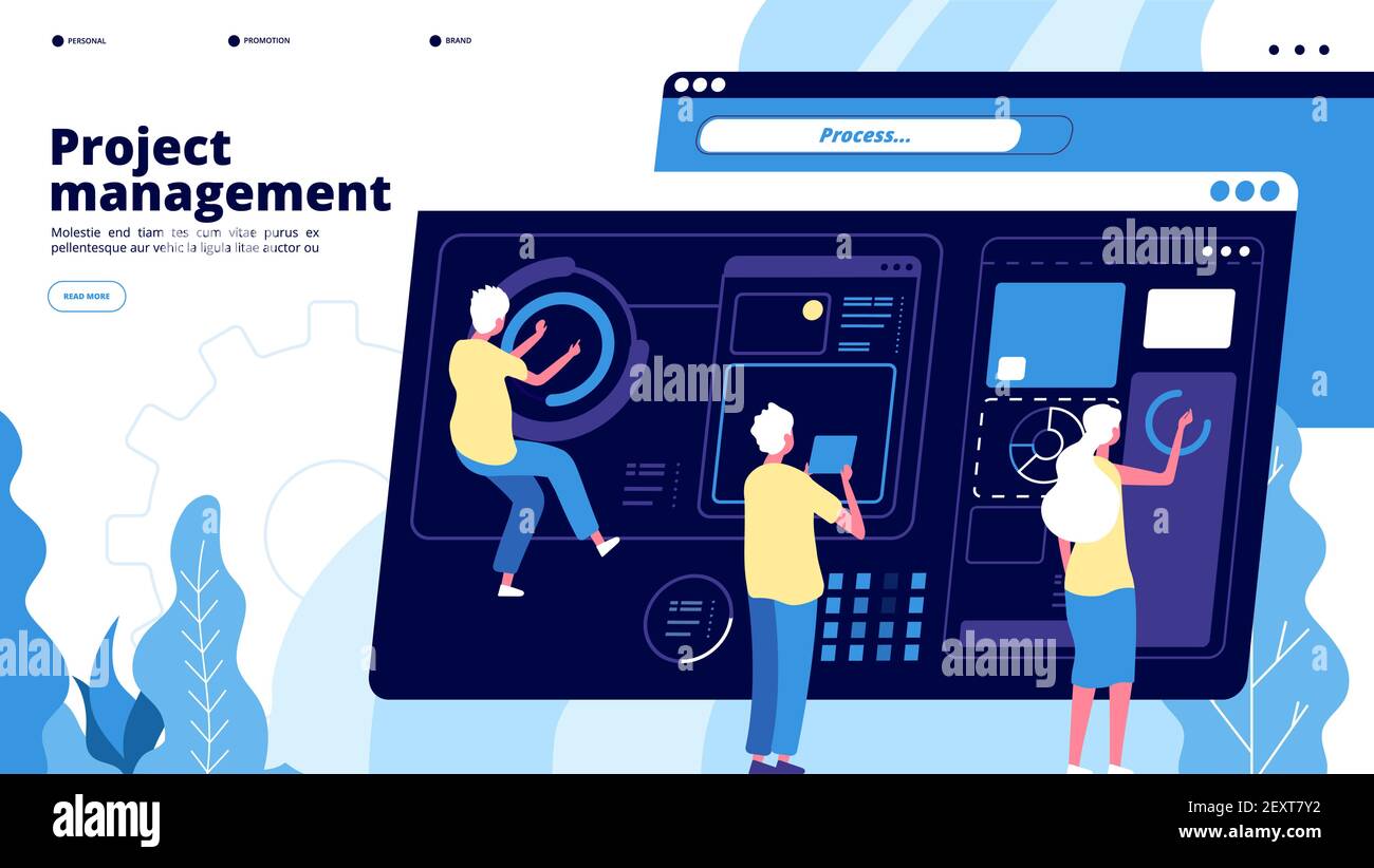 Projektmanagementlandung. Tiny Jungs verwalten Charts auf Dashboard, Leute projizieren Software. Teamwork Brainstorming Vektor-Konzept. Projektsoftware, Teamwork-Management und Entwicklungsdarstellung Stock Vektor
