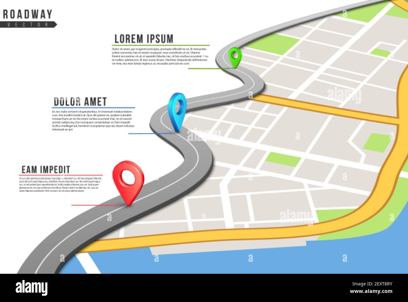 Infografik zur Fahrbahn. Standorte Karte, Autobahn fixierte Punkte mit Informationen. Stadtplan und Navigations-gps-Positionen. Vektorgrafik Straßenverkehr. Position der Verkehrsstraße, Vorwärtsfahrt Stock Vektor