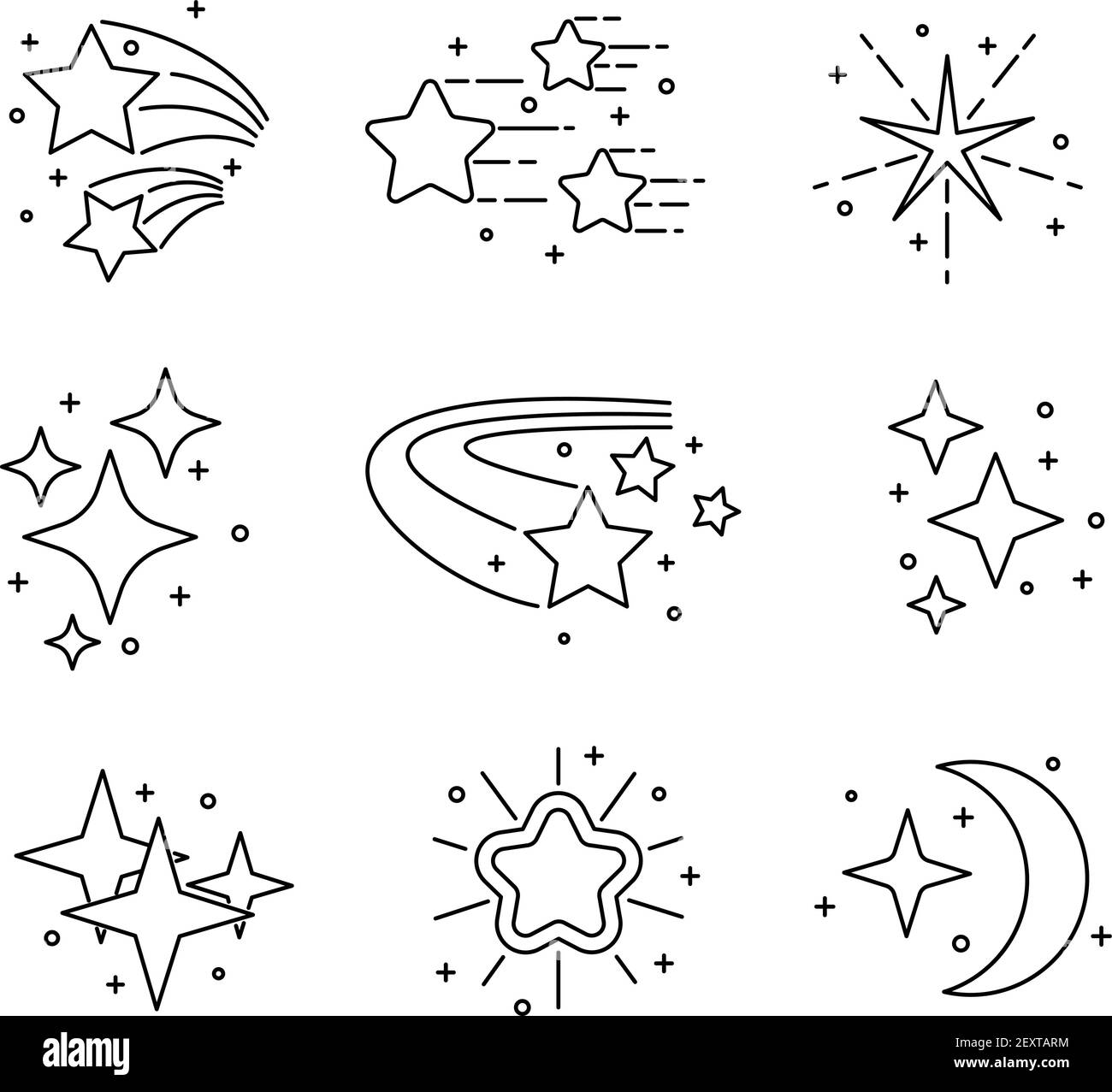 Linie Stern Formen gesetzt. Weihnachten steigende Sterne Dekoration lineare Objekte. Auszeichnung und Bewertung Form isoliert Vektor-Kollektion. Sterne steigen und schießen, weihnachten Magie Fantasy Illustration Stock Vektor