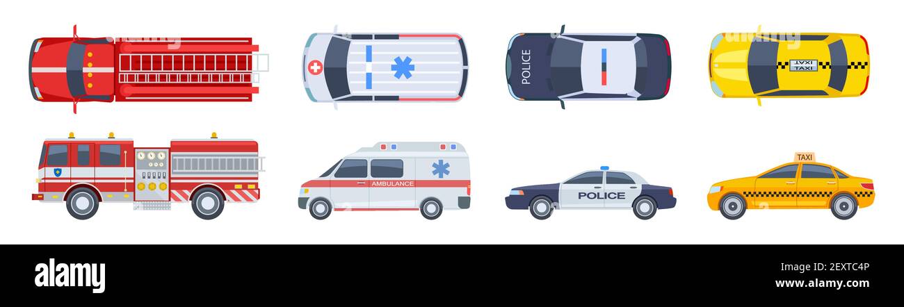 Fahrzeugsatz. Transport Draufsicht. Polizei Auto Krankenwagen Feuerwehrauto Taxi Vektor flach isoliert. Städtische spezielle Verkehrssymbole. Illustration Auto oben, Taxi und Polizei, Auto und Krankenwagen Stock Vektor