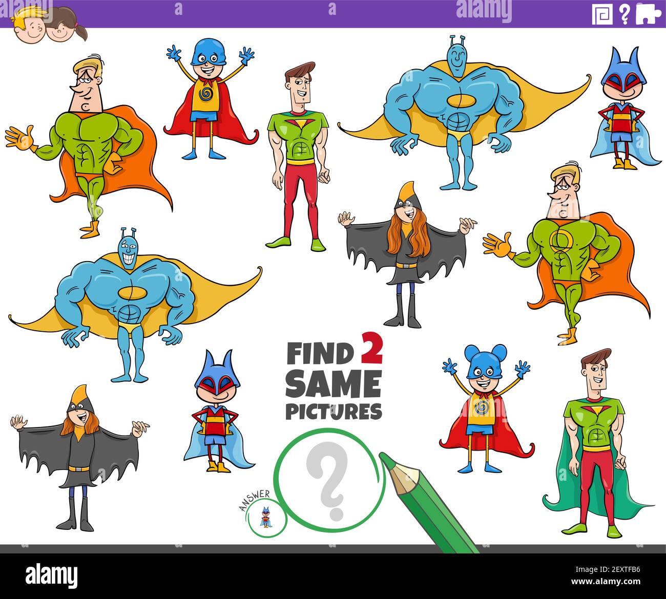 Cartoon Illustration der Suche nach zwei gleichen Bildern pädagogische Spiel für Kinder mit Superhelden Charaktere Stock Vektor