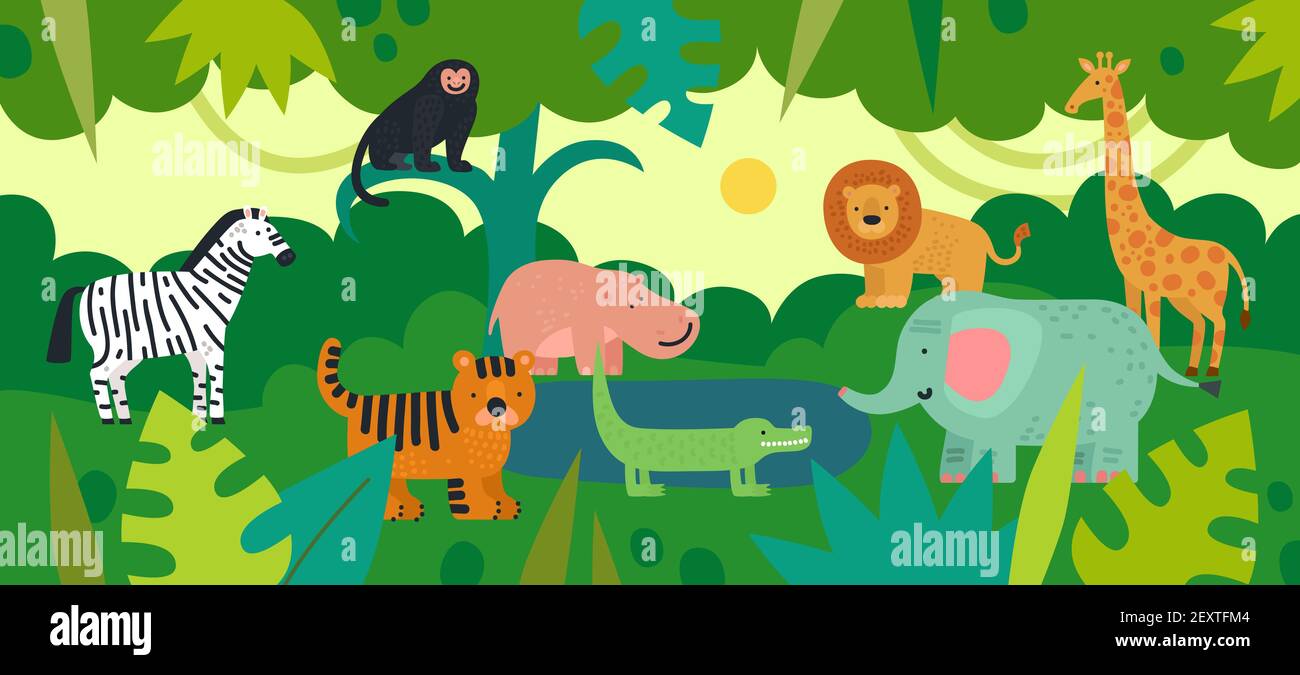 Dschungel mit Tieren. Zebra, Affe und Nilpferd, Tiger und Krokodil, Elefant und Löwe, Giraffe mit tropischen Pflanzen. Vektor Kinder Hintergrund. Dschungel Leben Fauna, Krokodil und Nilpferd Illustration Stock Vektor