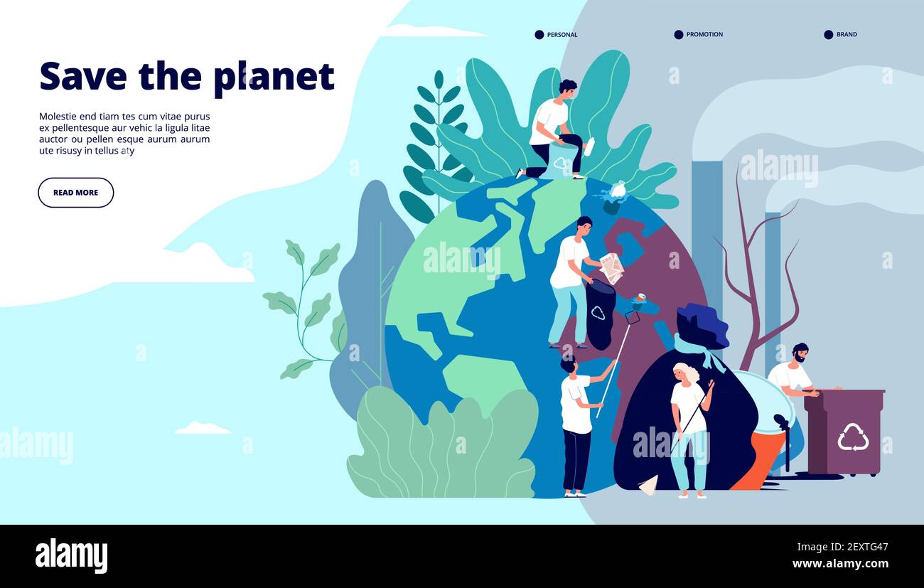 Landing Page Ökologie. Zeichen Reinigung Müll Erdoberfläche, Umweltschutz Recycling und Ökologie, Website-Vektor-Design. Illustration Recycling Umwelt, Planet Welt Ökologie Stock Vektor