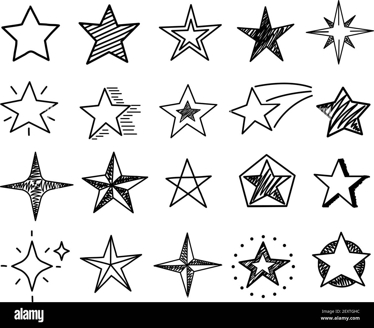 Sterne skizzieren. Niedliche Sternformen, schwarze Starburst Doodle Zeichen für weihnachtsdekoration isoliert Vektor-Set. Stern schwarz gezeichnete Tinte, Illustration Burst Asterisk Freihand Stock Vektor