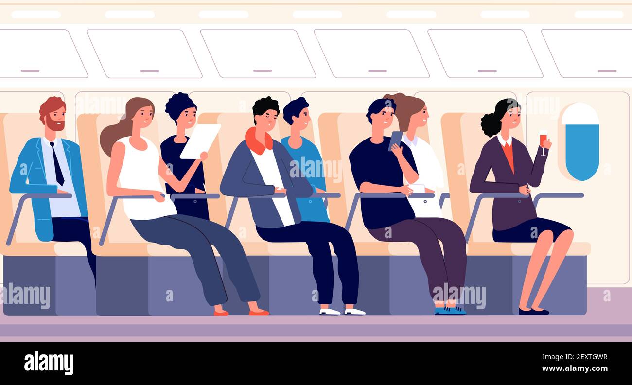 Passagiere im Flugzeug. Personen, die an Bord eines Flugzeugs reisen. Flugverkehr und Tourismus Vektor Flat Konzept. Flugzeugreisen, Personen Passagier im Flugzeug Illustration Stock Vektor
