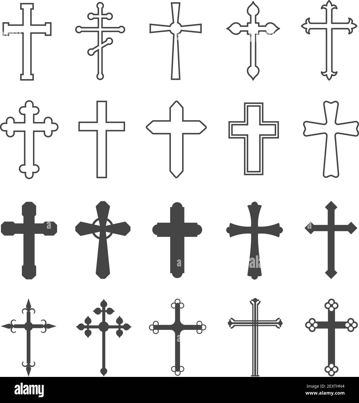 Christliches Kreuz-Set. Katholische und orthodoxe Kruzifix Kreuze. Göttliche Religion, Glaube beten und Kirche skizzieren Vektor-Symbole. Christentum und katholizismus Symbol, orthodoxe Kruzifix jesus Illustration Stock Vektor