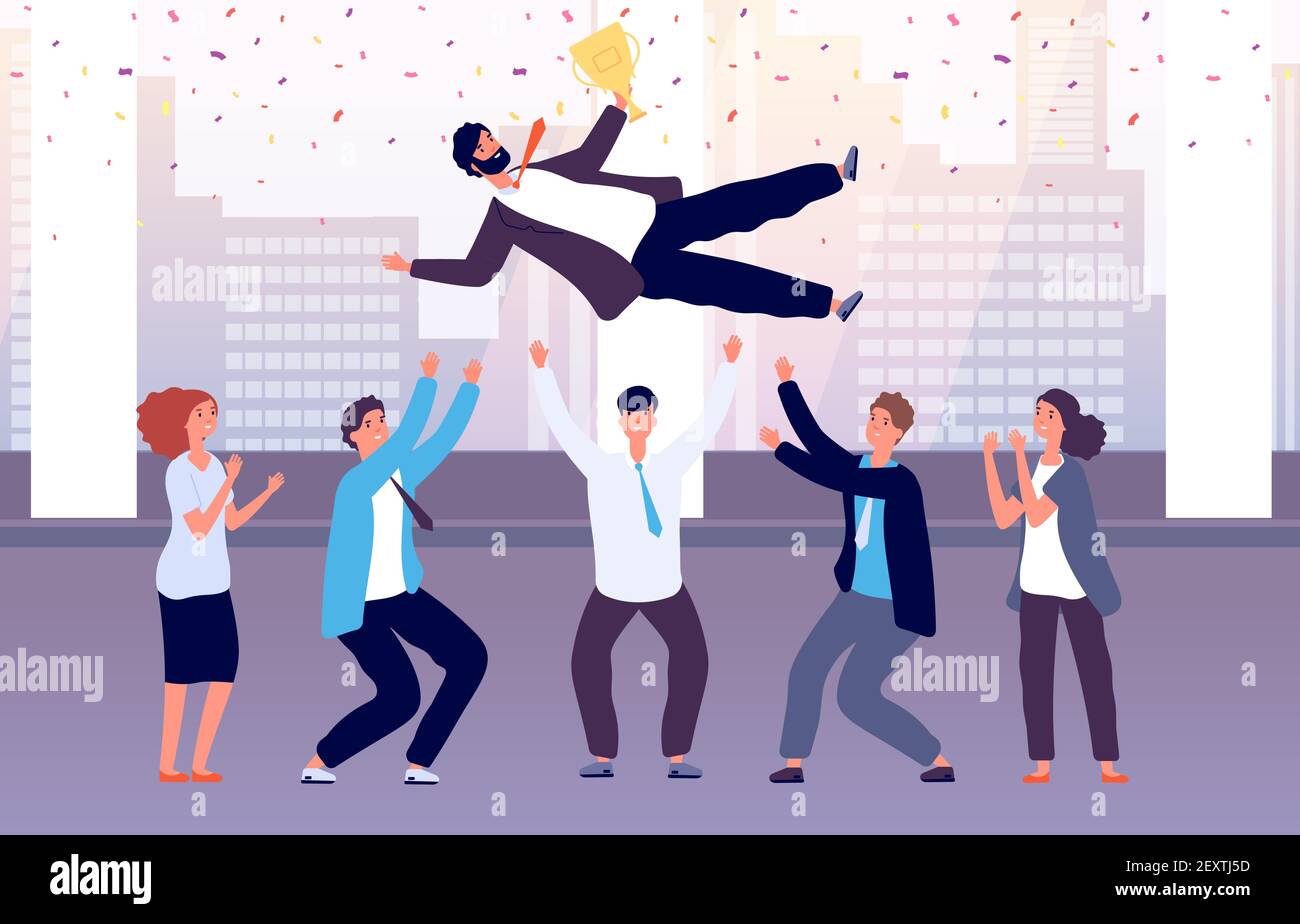 Das Team feiert den Sieg. Mitarbeiter schmeißen Kollegen zur Feier der Veranstaltung. Erfolgreicher Manager mit Corporate Business Award Vektor Konzept. Illustration Sieg des Geschäftsteams, Mitarbeiter Erfolg Arbeiter Stock Vektor