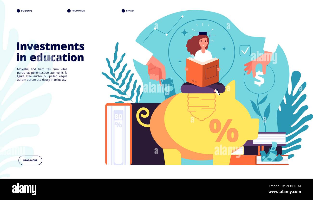 Investitionen in Bildung. Investitionen in Wissen lernen Schüler, pädagogische Kredit-Stipendium, finanzielle Business-Plan Vektor-Design. Bildung Schulkredit, Schüler mit Stipendium Illustration Stock Vektor