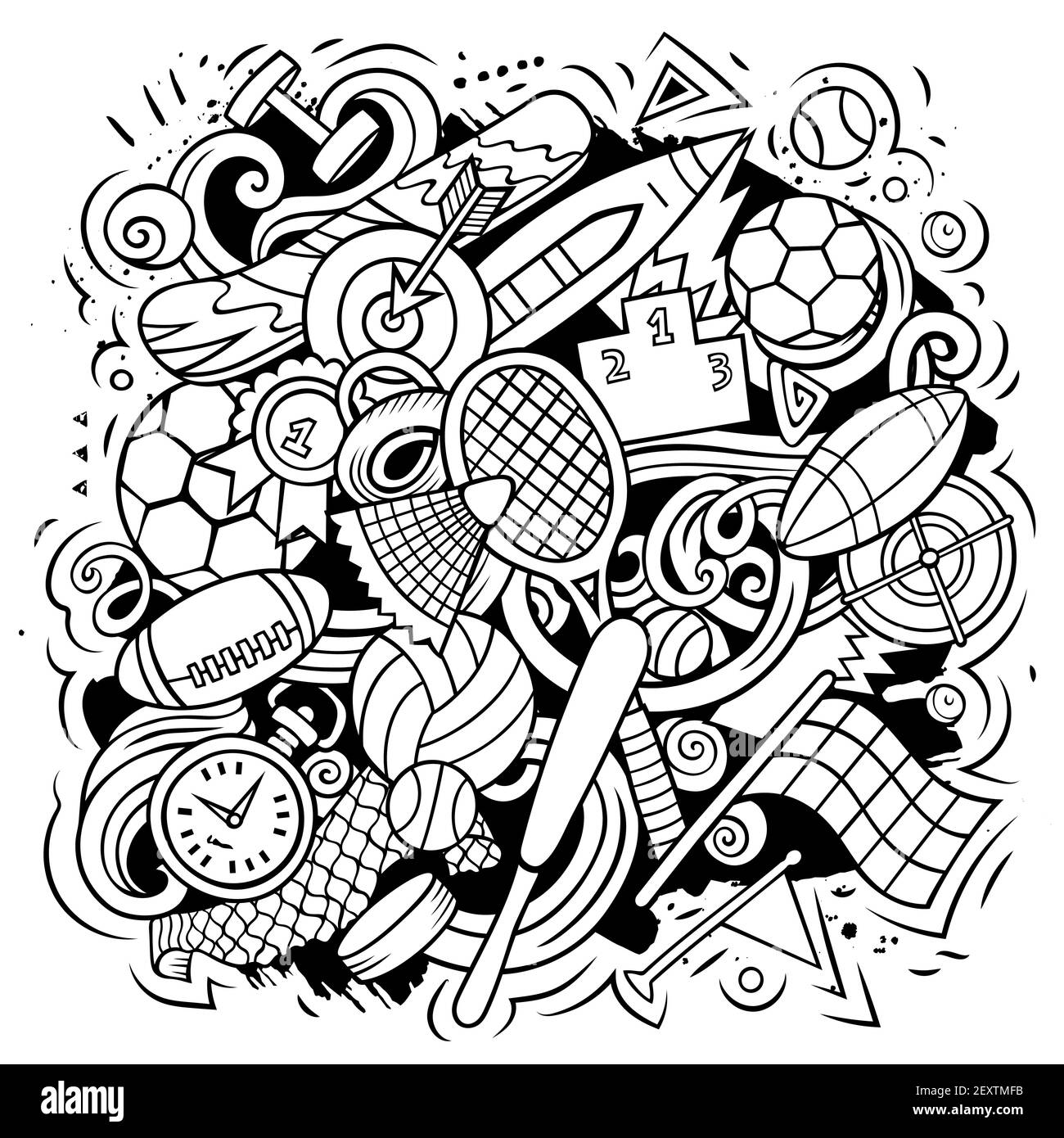 Sport Cartoon Doodle Illustration. Lustige kreative Vektor Hintergrund. Sportliche Elemente und Objekte. Line Art Komposition Stock Vektor