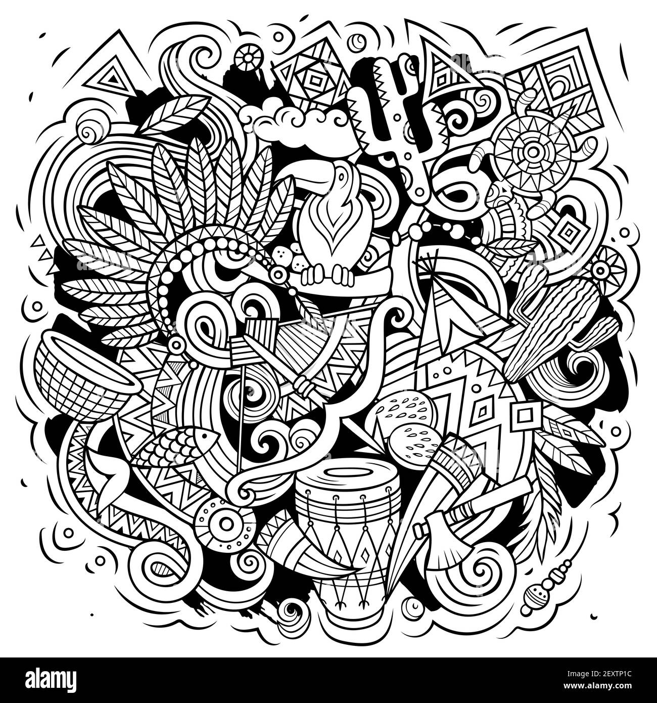 Native American Cartoon Vektor Doodle Design. Skizzenhafte, detailreiche Komposition mit vielen ethnischen Objekten und Symbolen. Stock Vektor