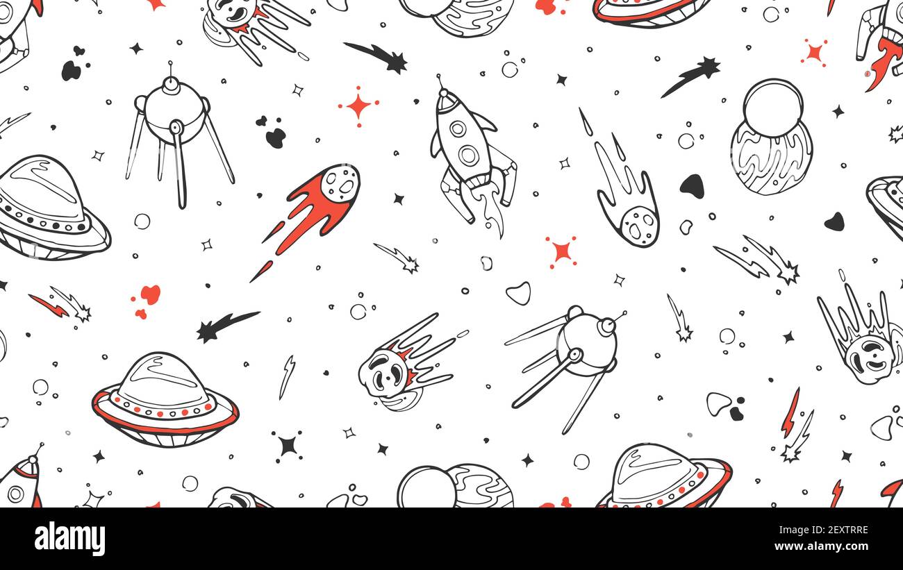 Raummuster. Vektor Kinder nahtlose Textur mit Doodle Rakete, Planet, Sterne. Raum, Universum Abbildung Rakete und Planet-Stern, Asteroid Hintergrund Stock Vektor