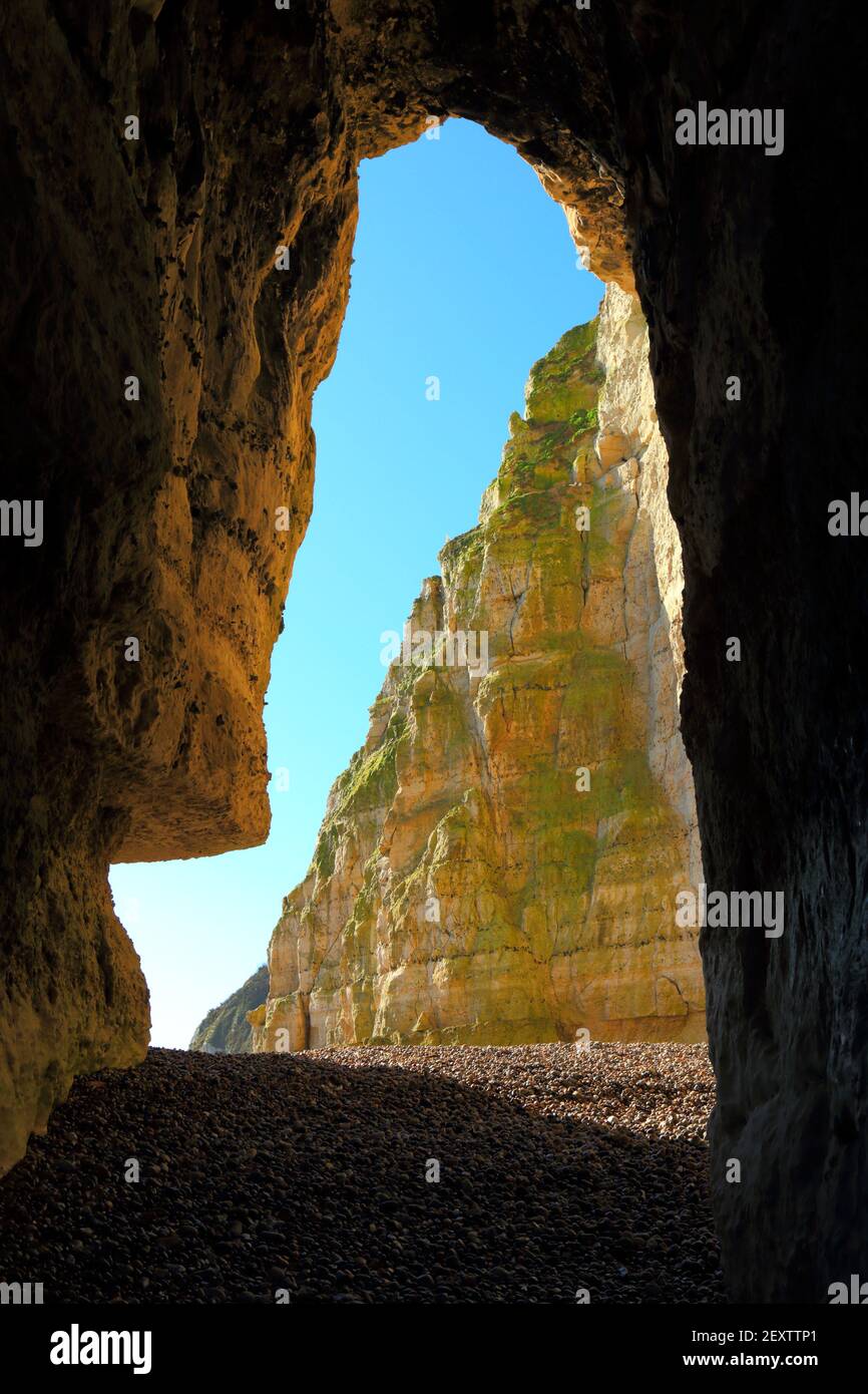 Meereshöhle in der Nähe des Dorfes Beer, Devon an der Jurassic Coast Stockfoto
