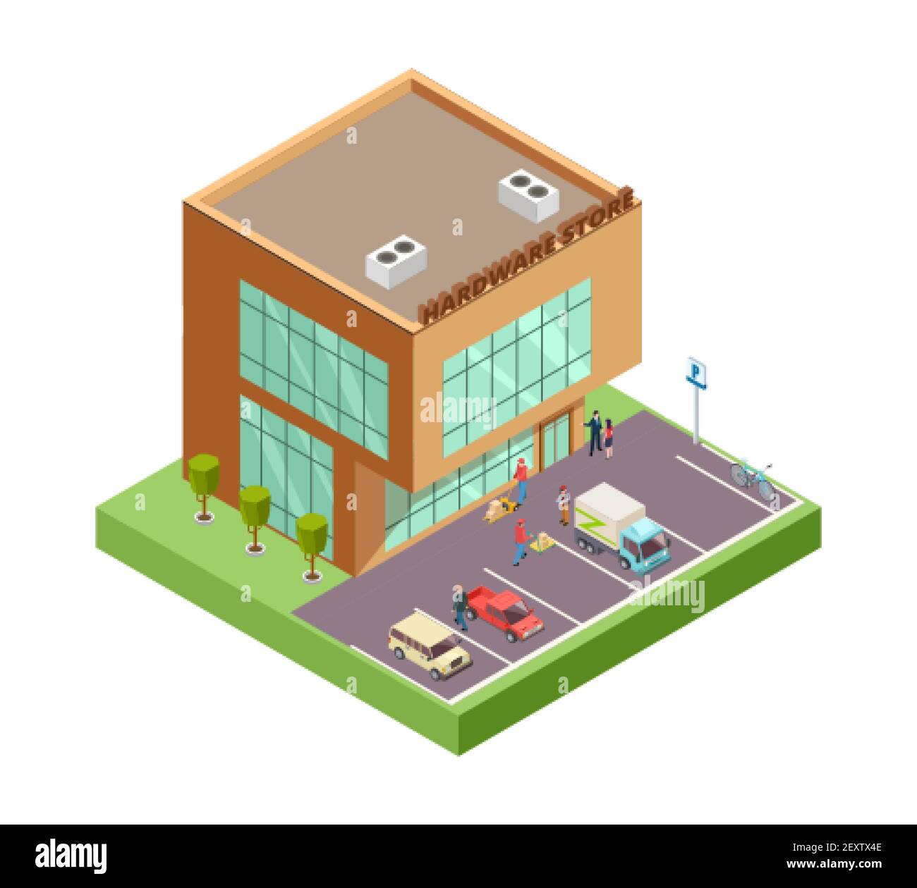 Isometrischer Baumarkt. Lage mit 3D Gebäude Leute Parken Autos. Vektorgrafik für den Hardwareladen. Gebäude Hardware-Shop und Shop, Baureparatur außen Stock Vektor