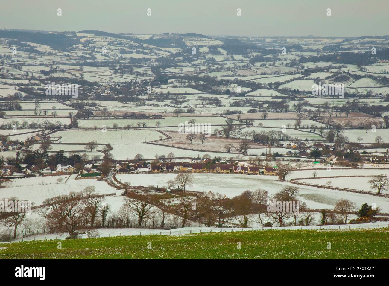 AX Valley in East Devon AONB (Gebiet von außergewöhnlicher natürlicher Schönheit) mit Schnee bedeckt. Panoramablick vom Musbury Hill. Stockfoto