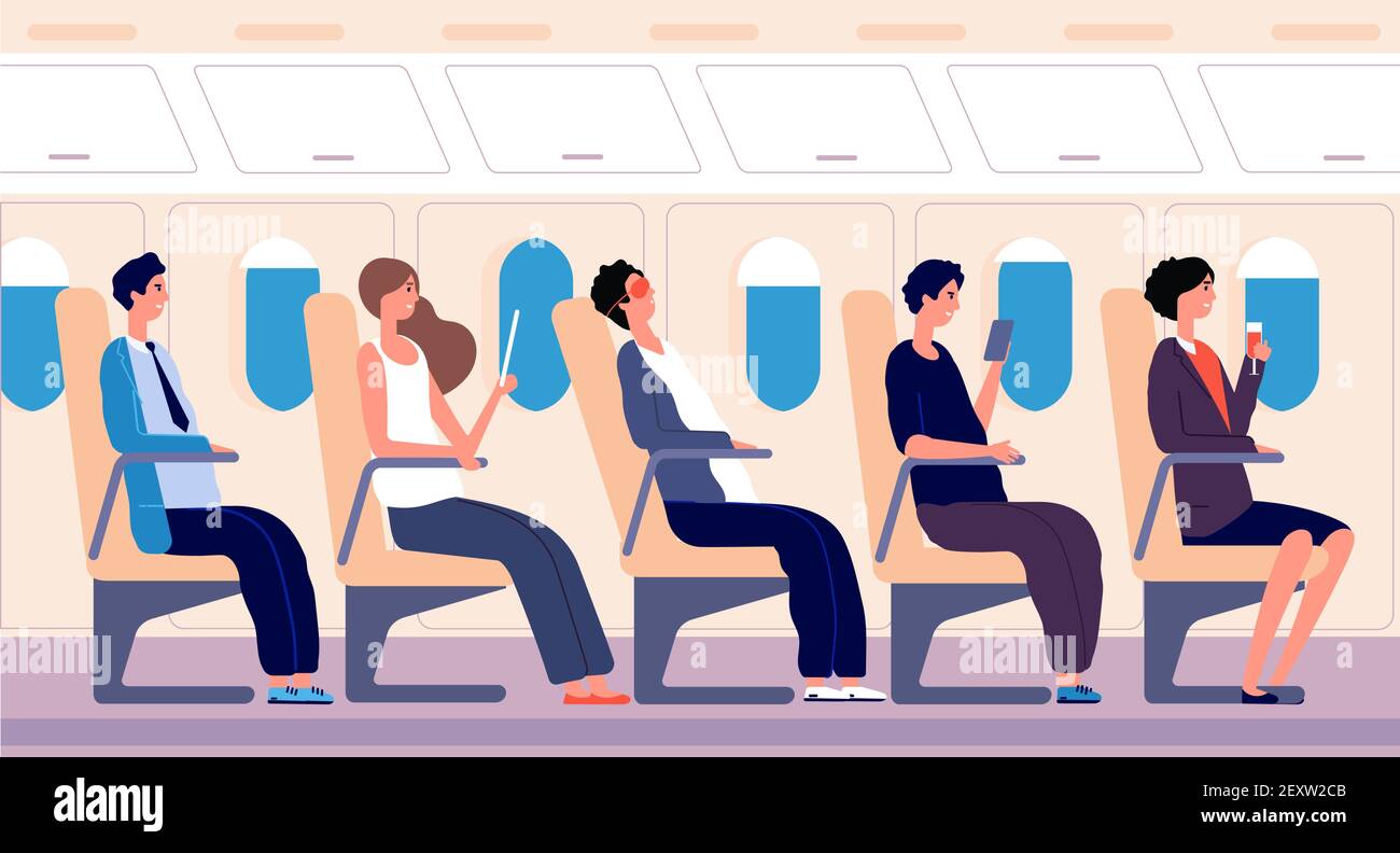 Fluggäste. Personen, die mit Tablet und Smartphone im Flugzeug reisen. Lufttransport Tourismus Vektor-Konzept. Personen Reisenden Passagier, Tourist im Flugzeug schlafen, Illustration lesen Stock Vektor