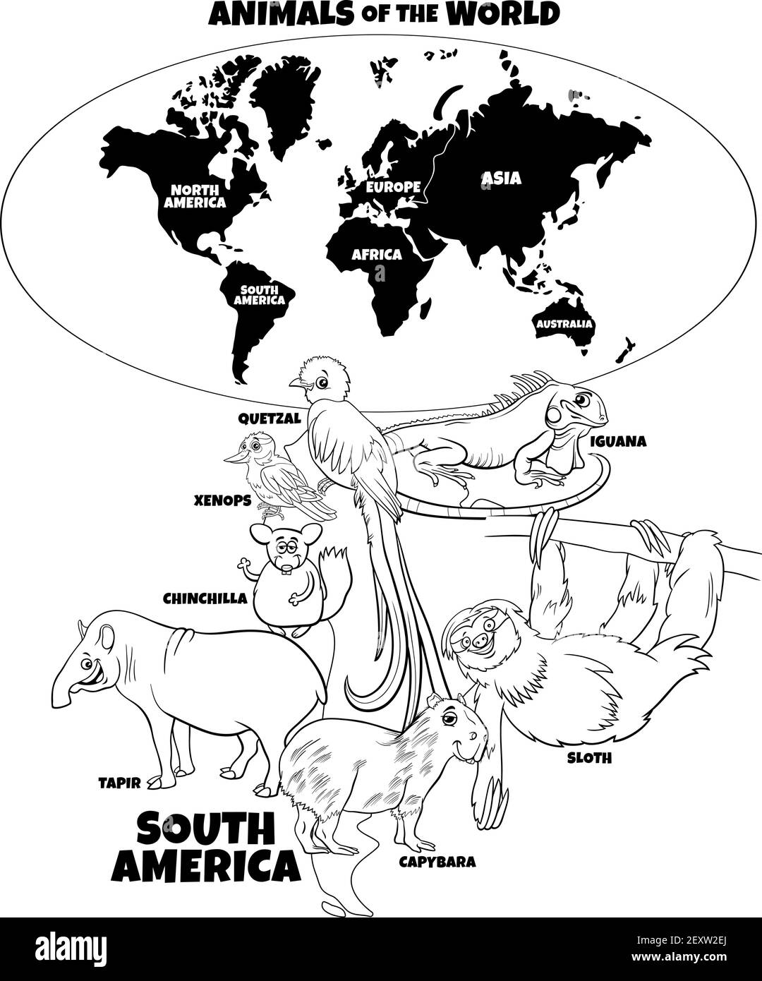 Schwarz-Weiß-Bildungs-Cartoon-Illustration von südamerikanischen Tieren Und Weltkarte mit Kontinenten zum ausmalen Buchseite Stock Vektor