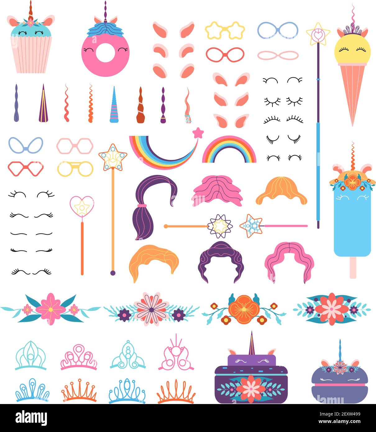 Pony Einhorn Gesicht Elemente. Einhörner Kopf mit Frisur, Mähne und Horn. Kronen und Gläser, Flügel und Blumen, Regenbogen-Vektor-Set. Illustration Wimpern und Haare, Ohren und Frisur, Krone und Blume Stock Vektor