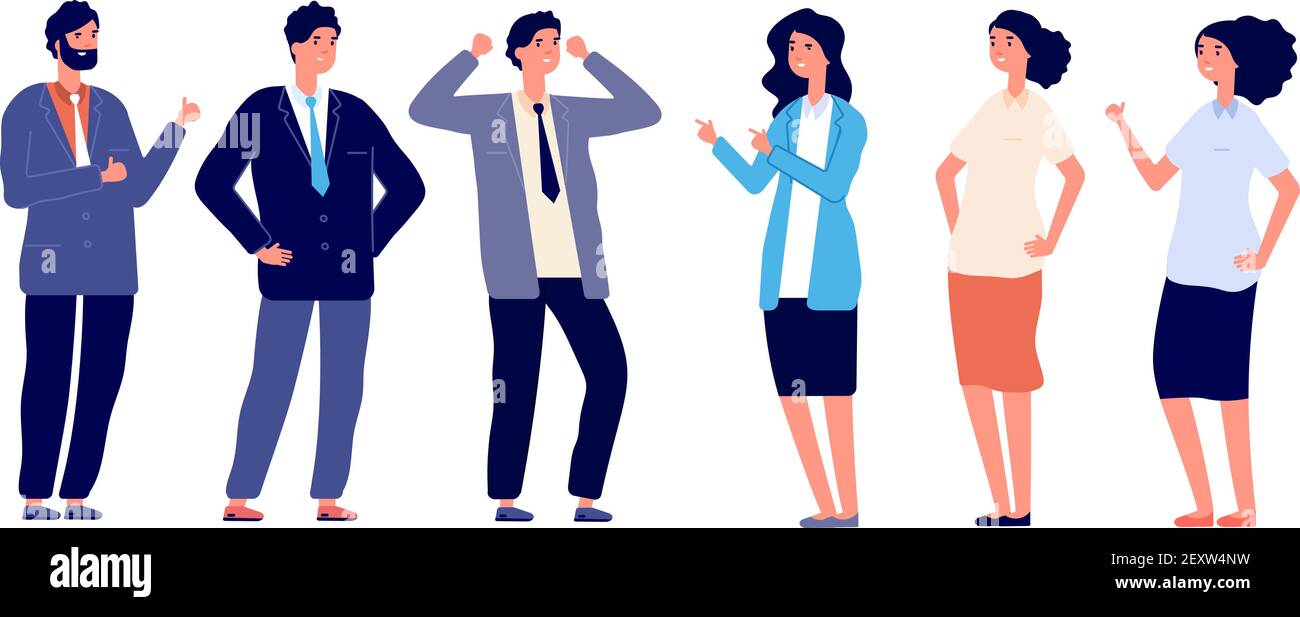 Selbstbewusste Menschen. Sieg Posen, junge Jungs gewinnen. Gruppe von erfolgreichen Frauen Männer, glücklich lächelnde Manager isoliert Vektor-Zeichen gesetzt. Illustration stellen Menschen, Erfolgscharakter, siegreichen Mitarbeiter Stock Vektor