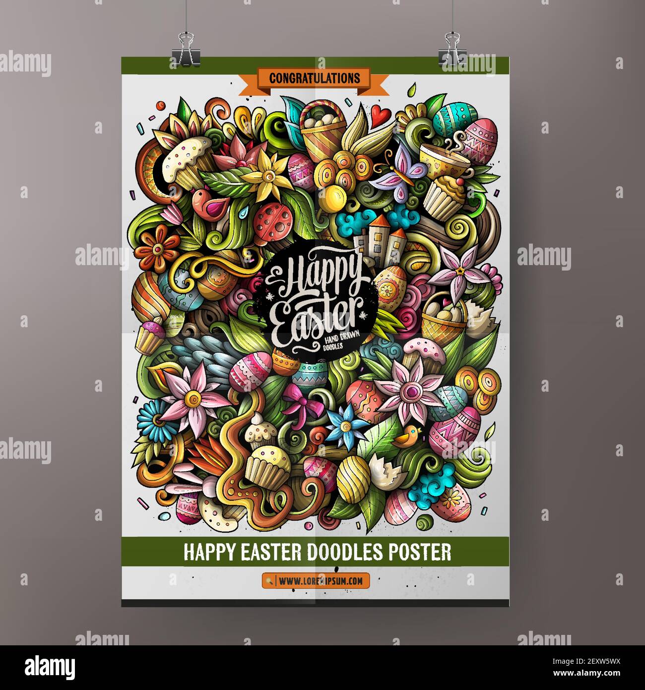 Cartoon bunte handgezeichnete Doodles Happy Easter Poster Vorlage Stock Vektor