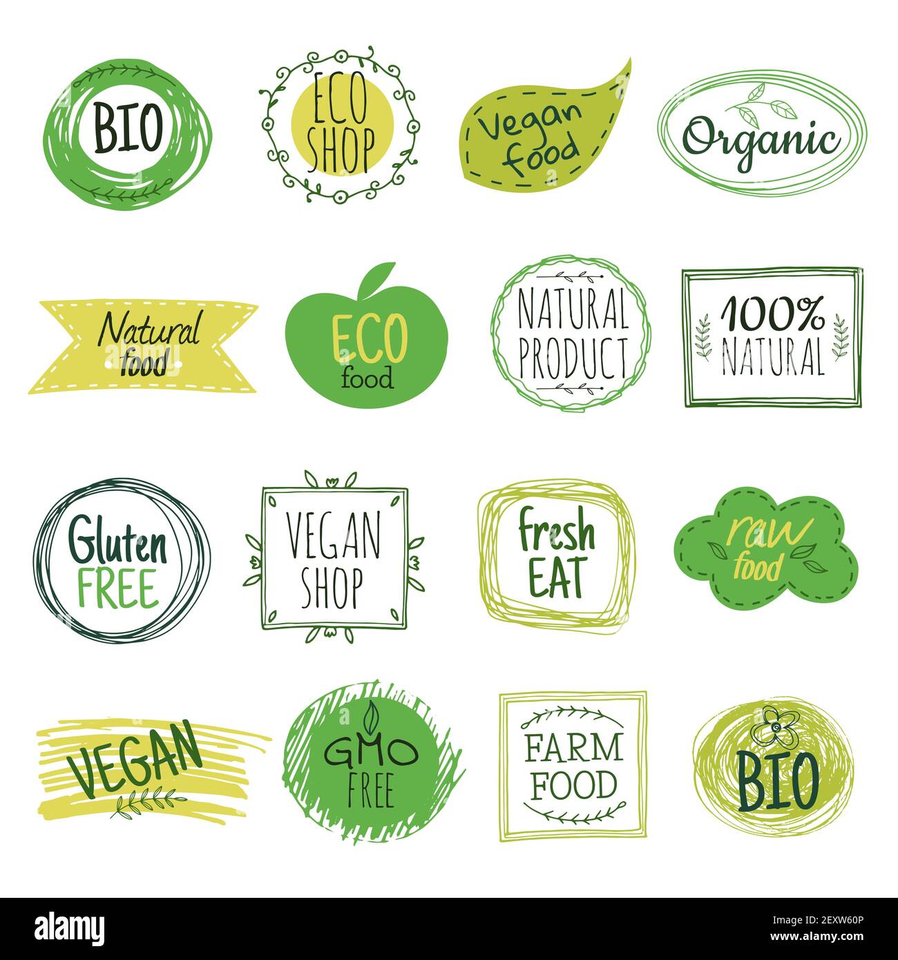 Eco-Embleme. Vegane grüne Bio-Lebensmittel, glutenfreie Naturprodukt-Etiketten. Bio gesunde essen Abzeichen Vektor-Set. Eco und Bio-Emblem, natürliche vegetarische Aufkleber Illustration Stock Vektor