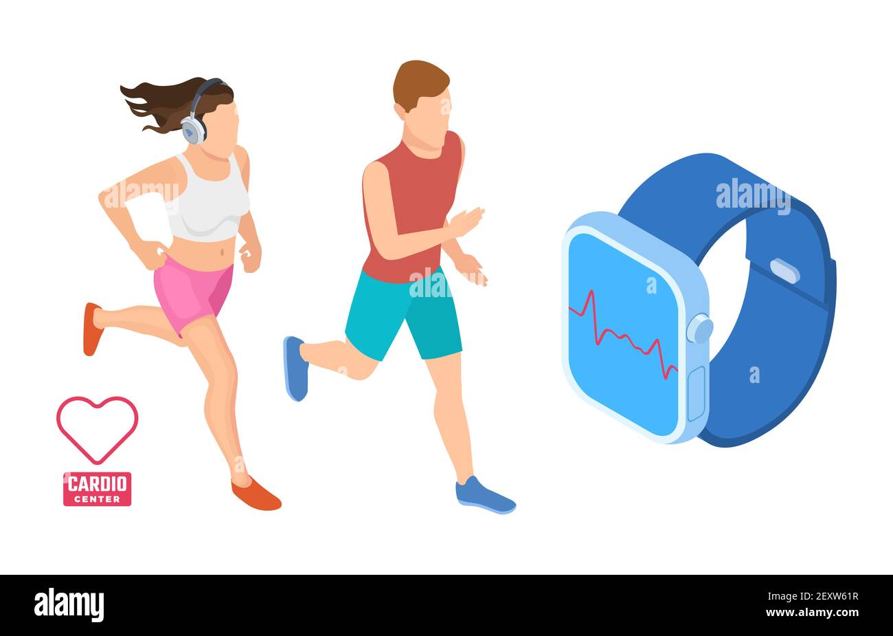 Cardio-Workout-Konzept. Isometrische Läufer überwachen die Herztätigkeit. Intelligente Fitness-Vektor-Illustration. Gesundheit App auf Gerät Gadget Smartwatch Stock Vektor