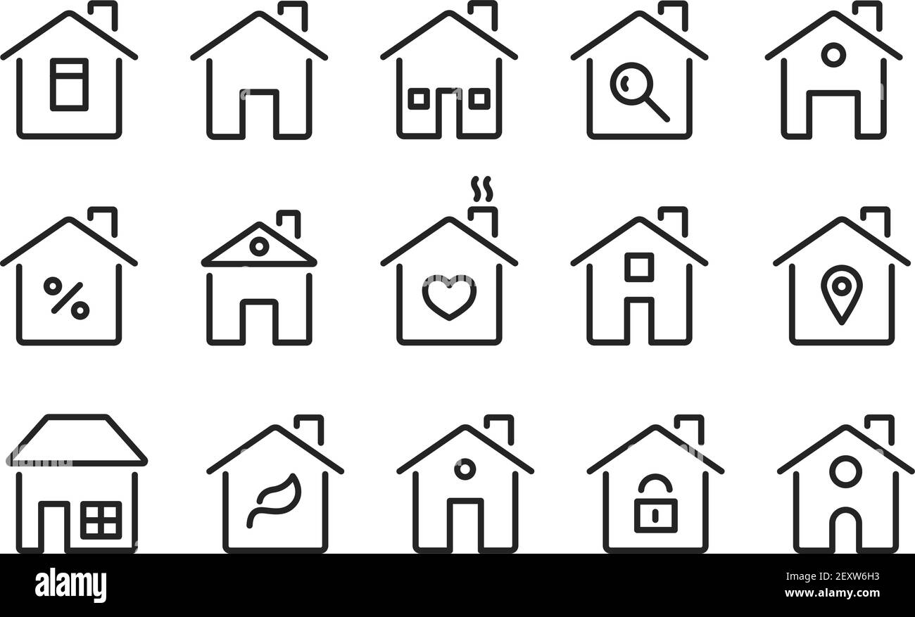 Home-Symbole. Dünne Linie moderne Häuser, Häuser mit Dach, Fenstertüren. Flat Hotel Cottage Residence Symbole. Isolierte Vektorzeichen gesetzt. Illustration Gebäude Hypothek, Architektur städtischen Ikonen Haus Stock Vektor