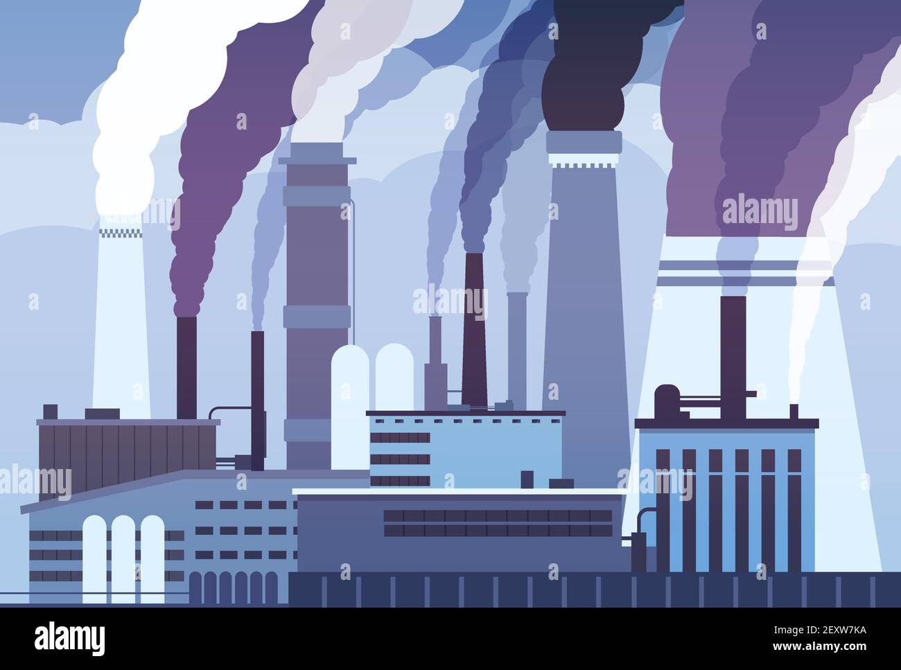 Smog Verschmutzung. Industrielle Fabrik Rohre, schwere Chemikalien Emission. Atmosphäre toxische Kontamination, Rauchwolken in Luft Vektor-Konzept. Illustration Atmosphäre Smog Verschmutzung, Emission toxische Erwärmung Stock Vektor