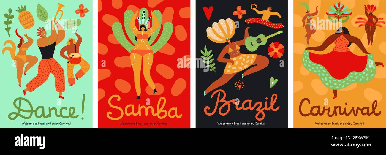 Brasilianischer Karneval. Samba, latin trendy Party. Mode brasilianische Tanzfestival abstrakte Flyer. Lustige Musik-Veranstaltung mit Tänzern Vektor-Poster. Illustration brasilianisches Plakat und Banner, Samba brasilien Tänzerin Stock Vektor