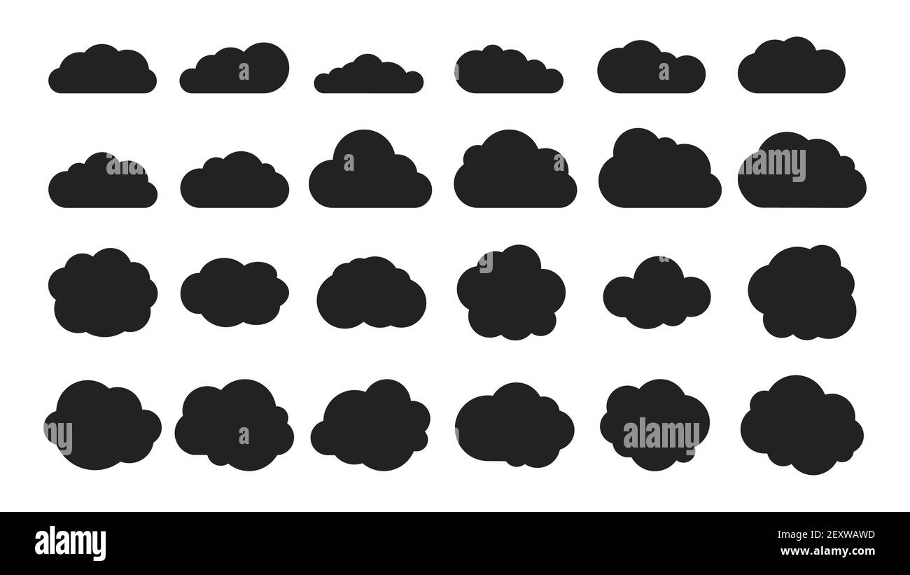 Schwarze Wolkenformen. Cloud Silhouettes Icons Kollektion. Vektor Denken Blasen oder Tags, Nachricht abstrakte Formen. Illustration Wolkenwetter, Wolkenlandschaft Skizze Form Stock Vektor