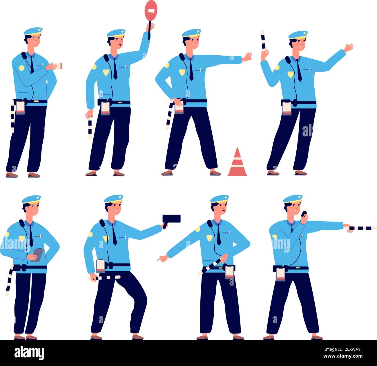 Verkehrspolizei. Verkehrssicherheit, Verkehrskontrolle Patrouille Offizier. Fahrzeugfahrersicherheit, Parksteuerungen Vektor isolierte Zeichen. Illustration Offizier Verkehrssicherheit Pose Stock Vektor