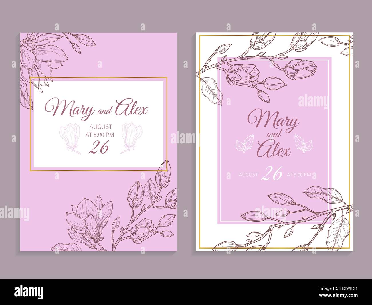 Magnolia Einladung. Moderne Blumenhochzeit einladen. Elegante Grafik Blumen Blumenstrauß Vintage Poster Flyer. Luxus Natur blüht Vektor-Karten. Illustration Blumen Einladung Hochzeit botanisch Stock Vektor