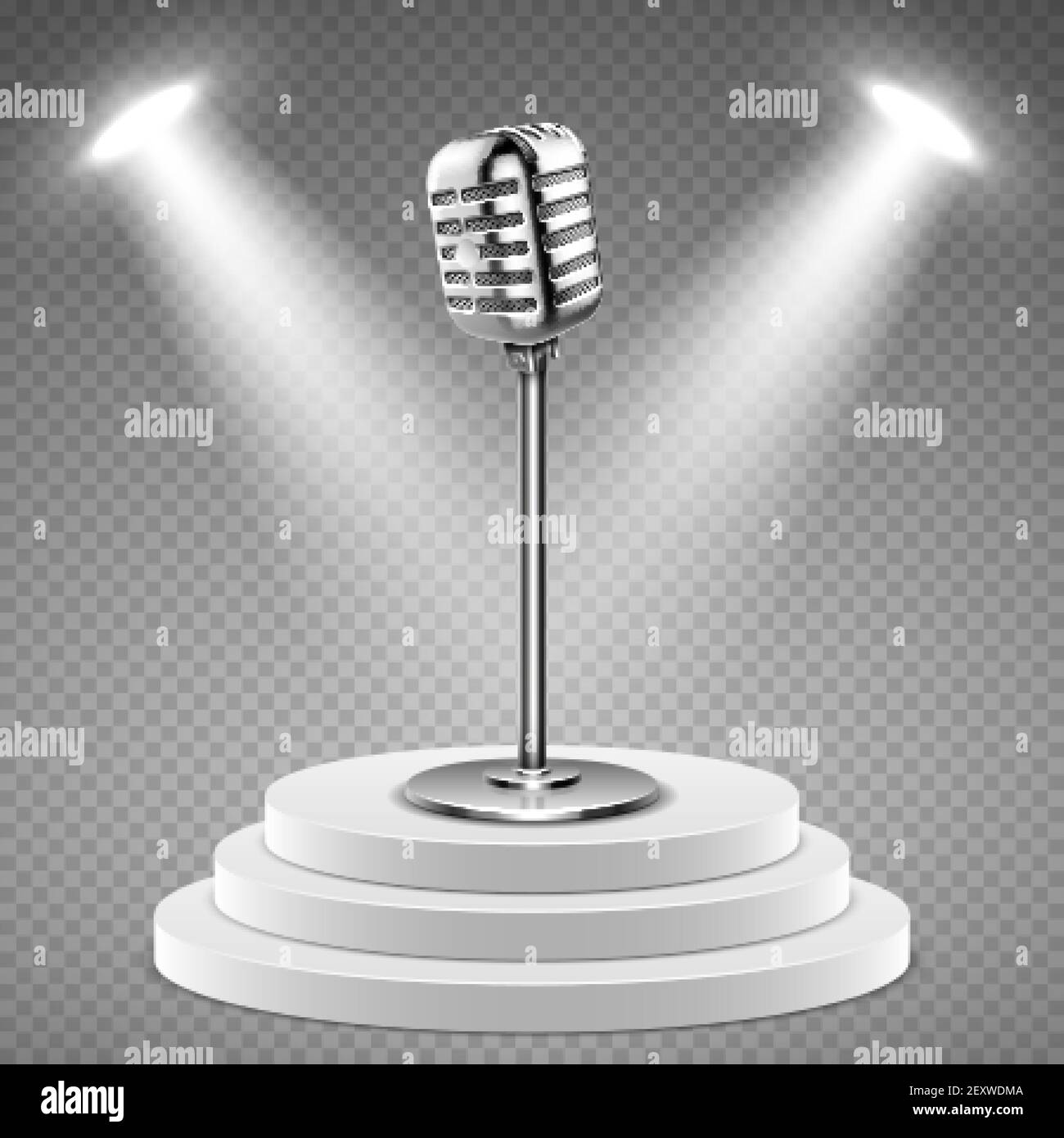 Realistisches Mikrofon. Weißes Podium für Bühne und 3D Mikrofon. Tonstudio-Ausrüstung, Konzert oder Radio-Vektor-Element. Radiostudio mit Bühne und Mikrofon Illustration Stock Vektor