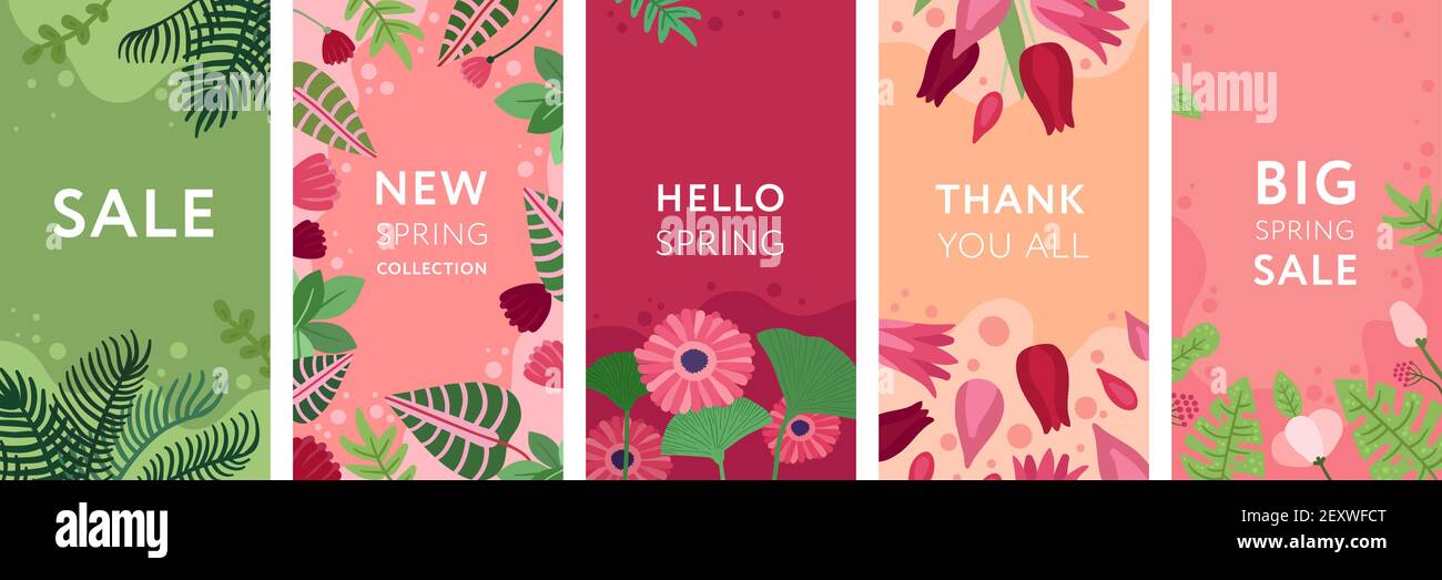 Florale Geschichten. Blumen, Frühlingspflanzen und Laubrahmen. Sommer Garten Kräuter Social Media Story Vorlagen. Vektor dekoratives Poster Set. Illustration Blume exotischen Frühling, Sammlung helle Karten Stock Vektor